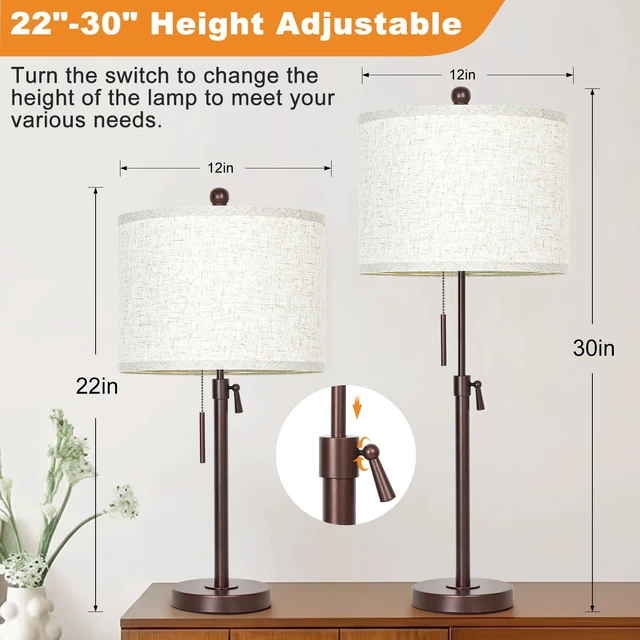 Alt view image 2 of 6 - Table Lamps Set of 2, 22" to 30" Adjustable Nightstand Lamps for Bedroom, Dimmable End Table Lamps for Living Room Console Entry Farmhouse Home Decor, New House Warming Gifts