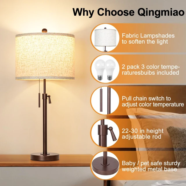 Alt view image 3 of 6 - Table Lamps Set of 2, 22" to 30" Adjustable Nightstand Lamps for Bedroom, Dimmable End Table Lamps for Living Room Console Entry Farmhouse Home Decor, New House Warming Gifts