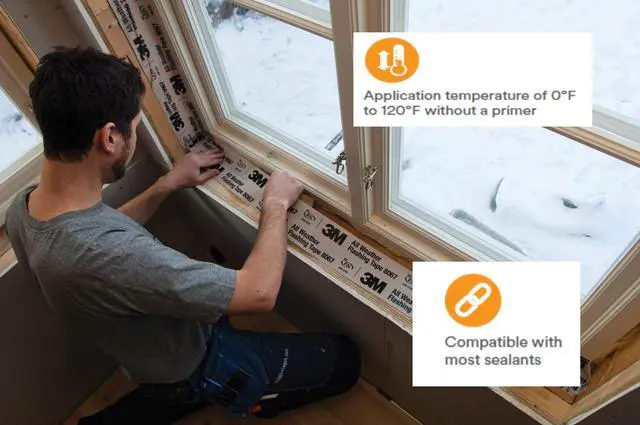 Alt view image 6 of 7 - All Weather Flashing Tape 8067, Tan, 6 in x 75 ft, 1 Roll Waterproof flashing membrane for windows and doors, Self-adhered, Prevents moisture intrusion, Slit Liner (2-4 Slit): Masking Tape