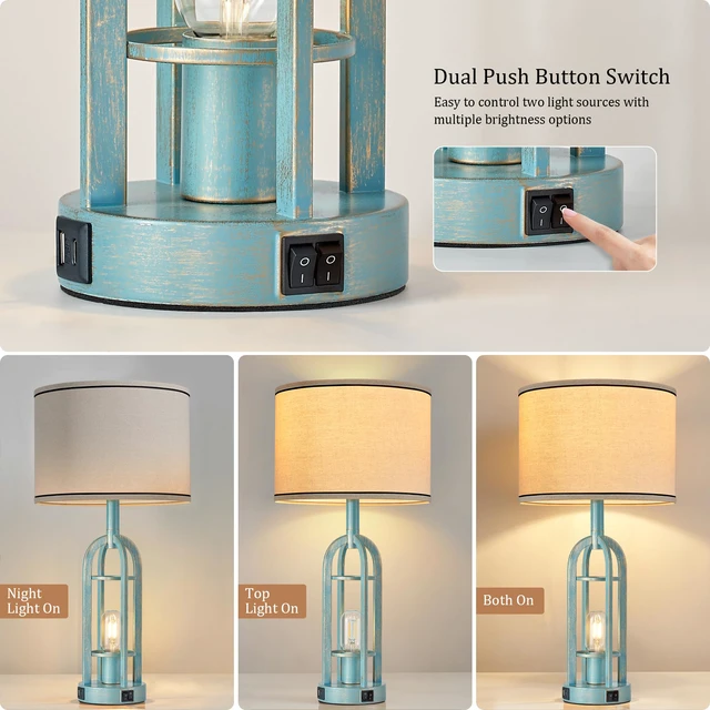 Alt view image 2 of 6 - Table Lamps for Living Room Set of 2 - Modern Farmhouse Lamps for Night Stands with Night Light & USB A+C, 24" Vintage Bedside Lamp for Bedroom, Bulbs Included