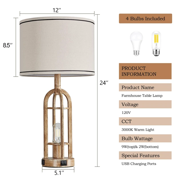 Alt view image 6 of 6 - Farmhouse Table Lamps for Living Room End Table Set of 2 - Rustic Bedside Lamps for Bedroom Nightstand with Night Light & USB A+C, Bulbs Included
