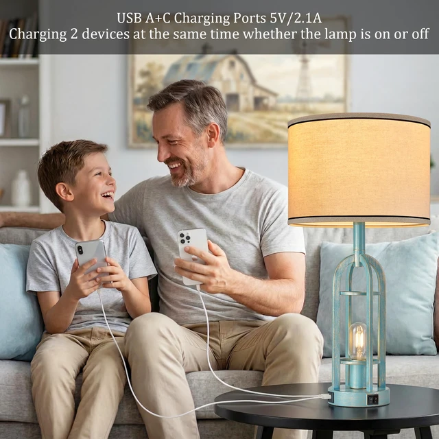 Alt view image 3 of 6 - Table Lamps for Living Room Set of 2 - Modern Farmhouse Lamps for Night Stands with Night Light & USB A+C, 24" Vintage Bedside Lamp for Bedroom, Bulbs Included
