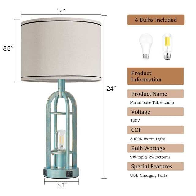 Alt view image 6 of 6 - Table Lamps for Living Room Set of 2 - Modern Farmhouse Lamps for Night Stands with Night Light & USB A+C, 24" Vintage Bedside Lamp for Bedroom, Bulbs Included