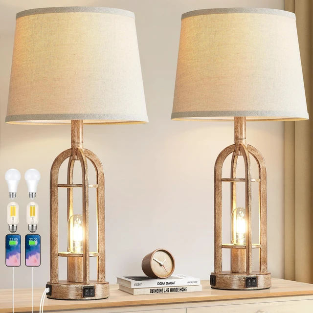 Main image of Table Lamps for Living Room End Table Set of 2 - Rustic Farmhouse Bedside Lamps for Bedroom Nightstand with Nightlight and USB A+C, 4 Bulbs Included
