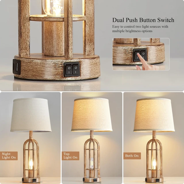 Alt view image 2 of 6 - Table Lamps for Living Room End Table Set of 2 - Rustic Farmhouse Bedside Lamps for Bedroom Nightstand with Nightlight and USB A+C, 4 Bulbs Included
