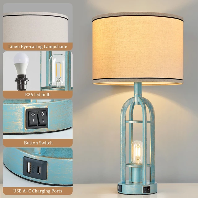 Alt view image 5 of 6 - Table Lamps for Living Room Set of 2 - Modern Farmhouse Lamps for Night Stands with Night Light & USB A+C, 24" Vintage Bedside Lamp for Bedroom, Bulbs Included