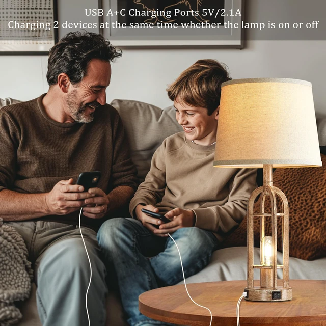 Alt view image 3 of 6 - Table Lamps for Living Room End Table Set of 2 - Rustic Farmhouse Bedside Lamps for Bedroom Nightstand with Nightlight and USB A+C, 4 Bulbs Included