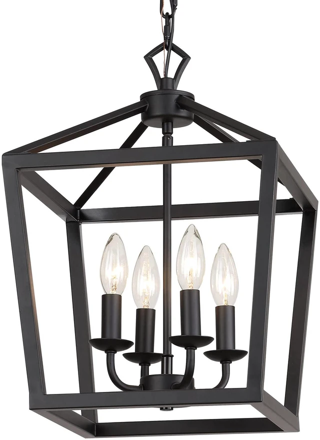 Alt view image 3 of 7 - Farmhouse Rustic Black Lantern Chandelier Hanging Light Fixture 4-Lights for Kitchen Island Dining Room Hallway Entryway Foyer UL Listed