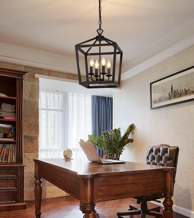 Alt view image 6 of 7 - Farmhouse Rustic Black Lantern Chandelier Hanging Light Fixture 4-Lights for Kitchen Island Dining Room Hallway Entryway Foyer UL Listed
