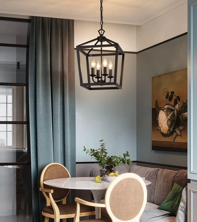 Alt view image 7 of 7 - Farmhouse Rustic Black Lantern Chandelier Hanging Light Fixture 4-Lights for Kitchen Island Dining Room Hallway Entryway Foyer UL Listed