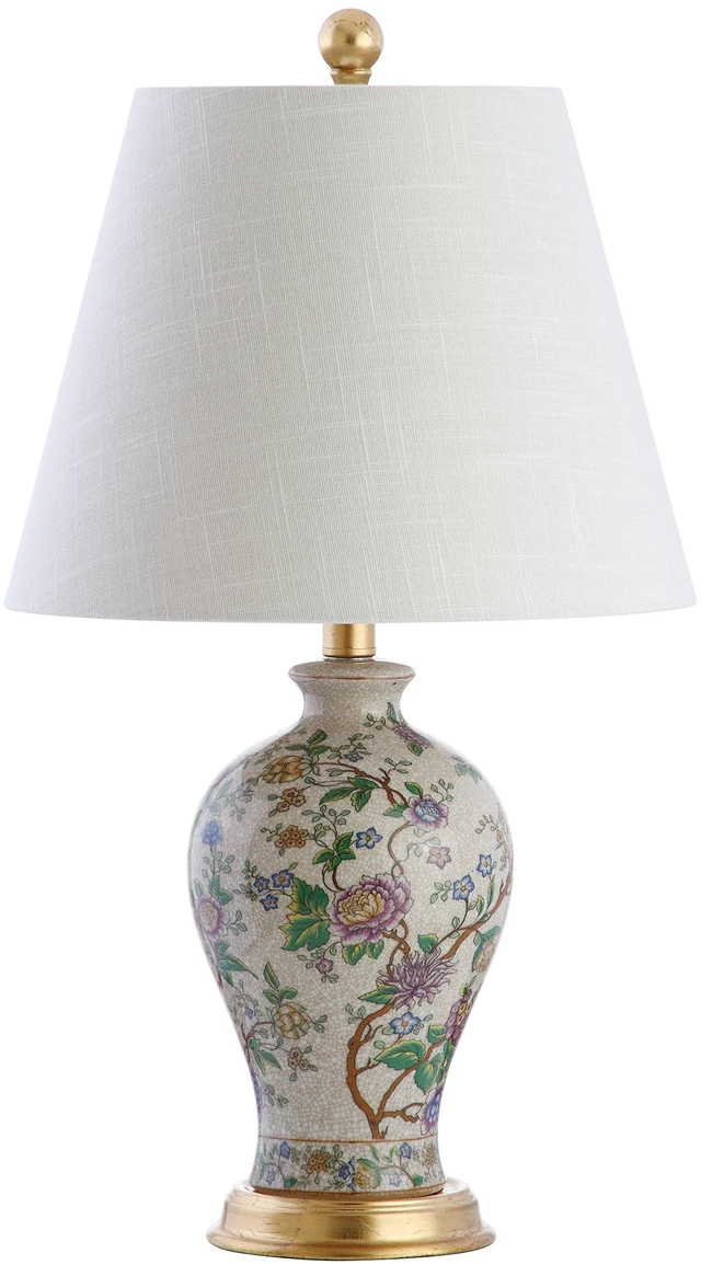 Main image of Grace 24" French Country Floral Urn Ceramic Lamp, Multi-Colored Chinoiserie Ginger Jar, French Country Cottage Style, Linen Shade, Gold Metal Base, LED Bulb Included