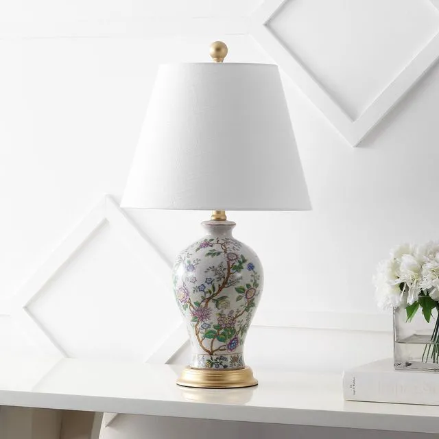 Alt view image 2 of 7 - Grace 24" French Country Floral Urn Ceramic Lamp, Multi-Colored Chinoiserie Ginger Jar, French Country Cottage Style, Linen Shade, Gold Metal Base, LED Bulb Included