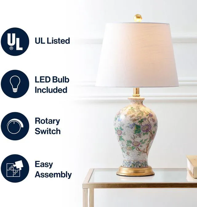 Alt view image 4 of 7 - Grace 24" French Country Floral Urn Ceramic Lamp, Multi-Colored Chinoiserie Ginger Jar, French Country Cottage Style, Linen Shade, Gold Metal Base, LED Bulb Included