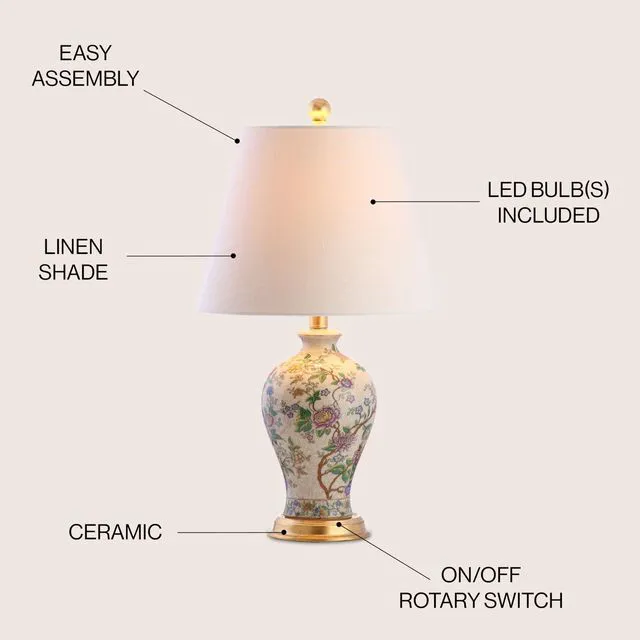 Alt view image 5 of 7 - Grace 24" French Country Floral Urn Ceramic Lamp, Multi-Colored Chinoiserie Ginger Jar, French Country Cottage Style, Linen Shade, Gold Metal Base, LED Bulb Included