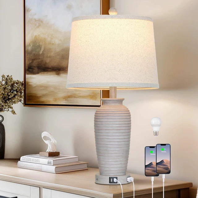 Main image of 25" Vintage Farmhouse Jar Table Lamps, Single Rustic Bedside Lamp with USB A+C Ports & AC Outlet, Nightstand Lamps for Living Room, Bedroom, End Table, Grey White(LED Bulb Included)