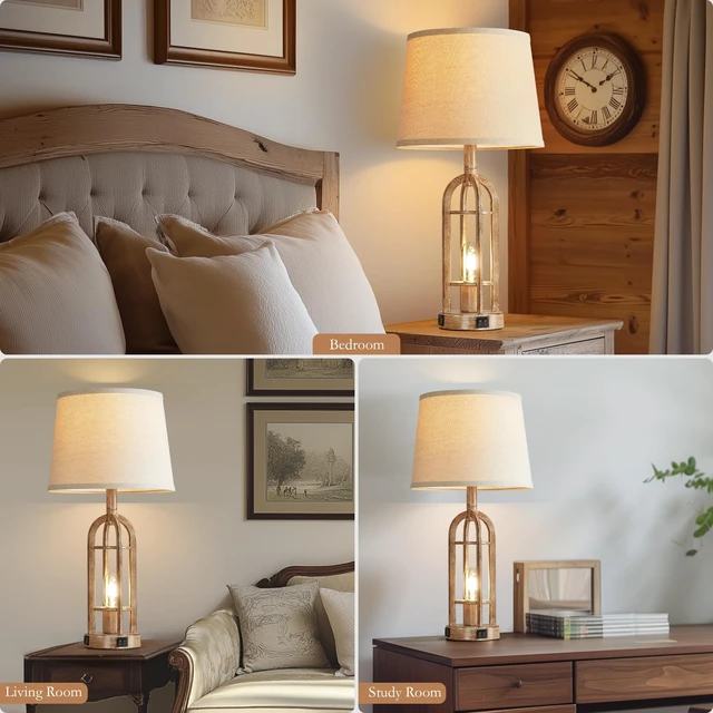 Alt view image 4 of 6 - Table Lamps for Living Room End Table Set of 2 - Rustic Farmhouse Bedside Lamps for Bedroom Nightstand with Nightlight and USB A+C, 4 Bulbs Included