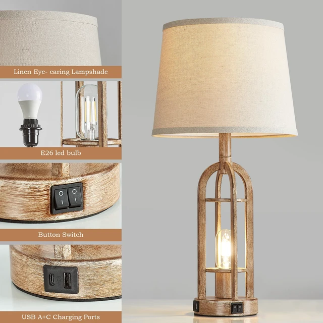 Alt view image 5 of 6 - Table Lamps for Living Room End Table Set of 2 - Rustic Farmhouse Bedside Lamps for Bedroom Nightstand with Nightlight and USB A+C, 4 Bulbs Included