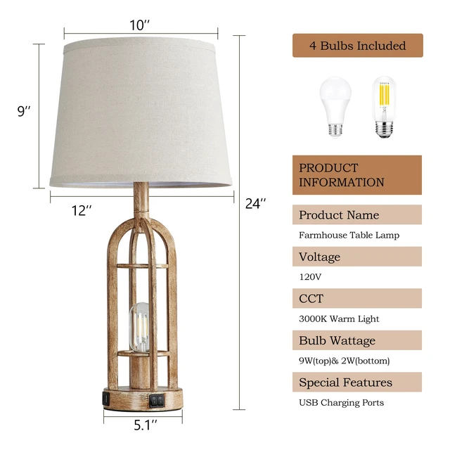 Alt view image 6 of 6 - Table Lamps for Living Room End Table Set of 2 - Rustic Farmhouse Bedside Lamps for Bedroom Nightstand with Nightlight and USB A+C, 4 Bulbs Included