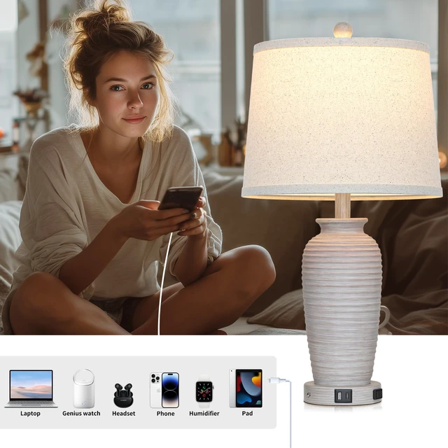 Alt view image 3 of 7 - 25" Vintage Farmhouse Jar Table Lamps, Single Rustic Bedside Lamp with USB A+C Ports & AC Outlet, Nightstand Lamps for Living Room, Bedroom, End Table, Grey White(LED Bulb Included)