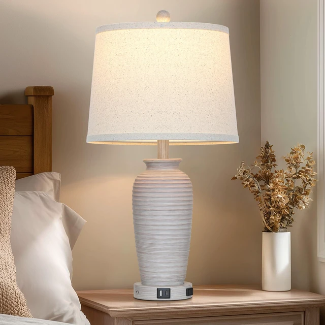 Alt view image 5 of 7 - 25" Vintage Farmhouse Jar Table Lamps, Single Rustic Bedside Lamp with USB A+C Ports & AC Outlet, Nightstand Lamps for Living Room, Bedroom, End Table, Grey White(LED Bulb Included)