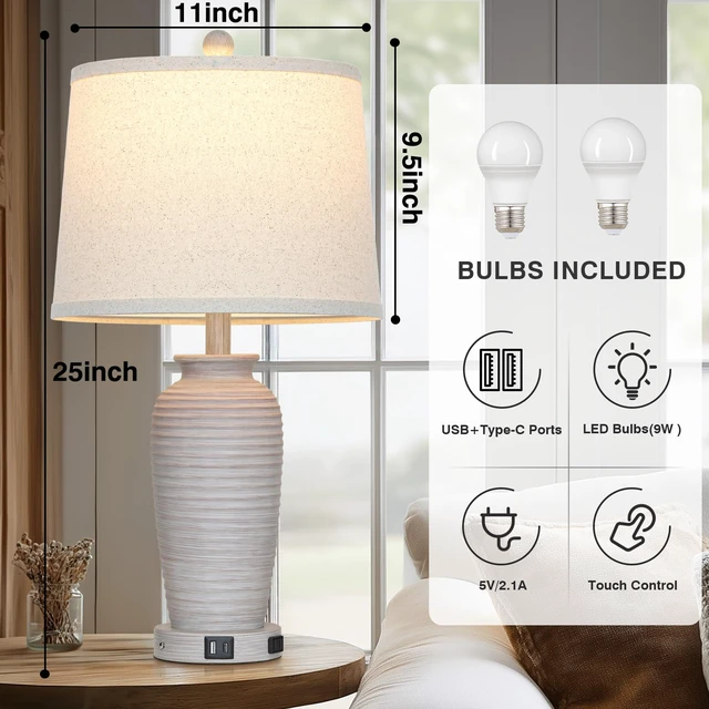 Alt view image 4 of 7 - 25" Vintage Farmhouse Jar Table Lamps, Single Rustic Bedside Lamp with USB A+C Ports & AC Outlet, Nightstand Lamps for Living Room, Bedroom, End Table, Grey White(LED Bulb Included)