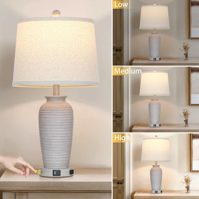 Alt view image 7 of 7 - 25" Vintage Farmhouse Jar Table Lamps, Single Rustic Bedside Lamp with USB A+C Ports & AC Outlet, Nightstand Lamps for Living Room, Bedroom, End Table, Grey White(LED Bulb Included)
