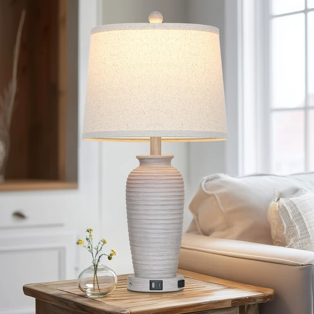 Alt view image 6 of 7 - 25" Vintage Farmhouse Jar Table Lamps, Single Rustic Bedside Lamp with USB A+C Ports & AC Outlet, Nightstand Lamps for Living Room, Bedroom, End Table, Grey White(LED Bulb Included)
