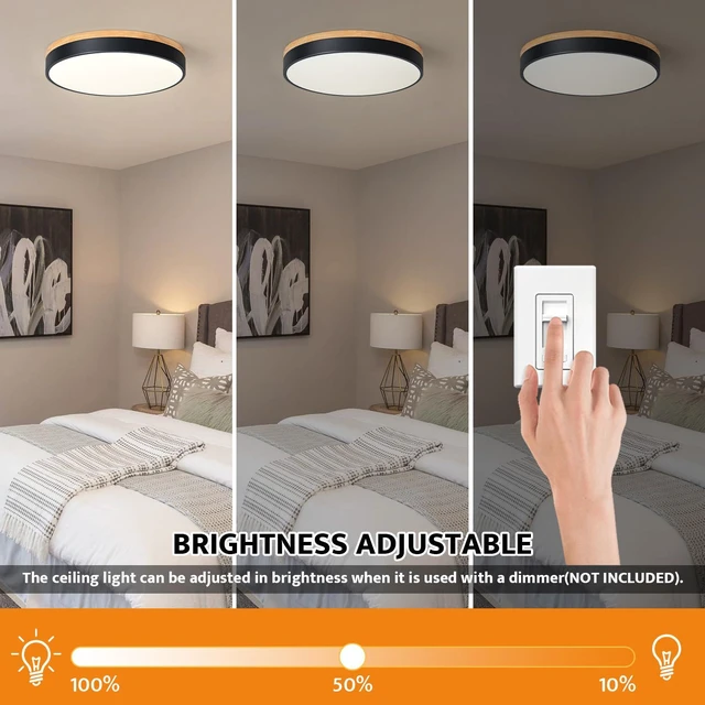 Alt view image 2 of 7 - Dimmable Wood LED Flush Mount Ceiling Light, Black, 15.8 in 5CCT 2700K-6000K Modern Close to Ceiling Lighting Fixtures, Round Ceiling Lamp for Living Room, Bedroom, Laundry Room