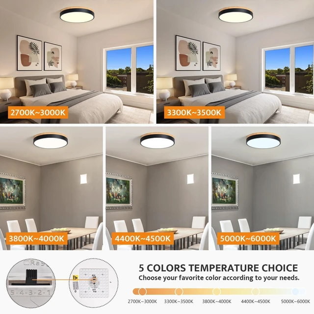 Alt view image 3 of 7 - Dimmable Wood LED Flush Mount Ceiling Light, Black, 15.8 in 5CCT 2700K-6000K Modern Close to Ceiling Lighting Fixtures, Round Ceiling Lamp for Living Room, Bedroom, Laundry Room