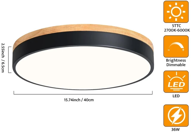 Alt view image 4 of 7 - Dimmable Wood LED Flush Mount Ceiling Light, Black, 15.8 in 5CCT 2700K-6000K Modern Close to Ceiling Lighting Fixtures, Round Ceiling Lamp for Living Room, Bedroom, Laundry Room