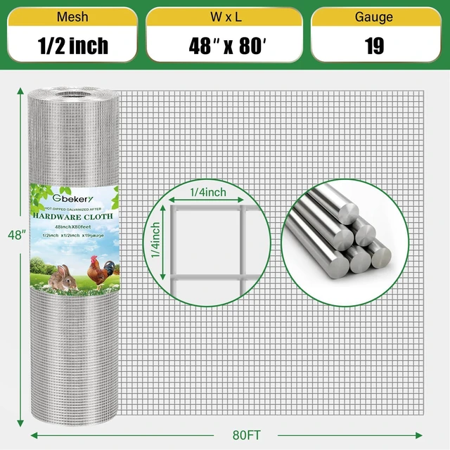 Alt view image 2 of 7 - Hardware Cloth 1/2 inch 48in x 80ft 19 Gauge, Hot-dip Galvanized After Welding Chicken Wire Fence Roll Garden Plant Welded Metal Wire Fencing Roll, Rabbit Cages Snake Fence