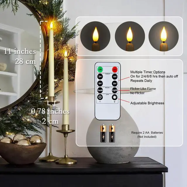 Alt view image 5 of 7 - 48 Pcs Flameless Taper Candles with Remote Timer Dimmer, 11 inches Ivory Candlesticks Battery Operated, Plastic LED Taper Candles with Flickering Flame for Party Christmas Church Wedding