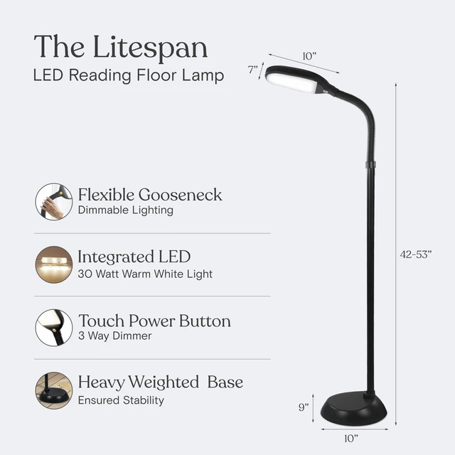 Alt view image 6 of 7 - Litespan - Bright LED Floor Reading Lamp for Over Chair Crafts and Reading, Esthetician Light for Lash Extensions, Gooseneck Adjustable Standing Lamp for Living Room, Bedroom, Office - Black
