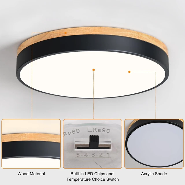 Alt view image 5 of 7 - Dimmable Wood LED Flush Mount Ceiling Light, Black, 15.8 in 5CCT 2700K-6000K Modern Close to Ceiling Lighting Fixtures, Round Ceiling Lamp for Living Room, Bedroom, Laundry Room