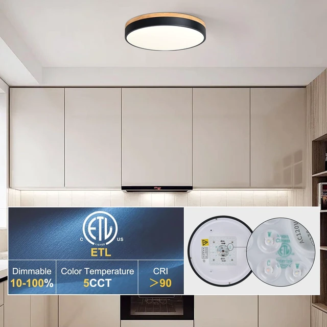 Alt view image 7 of 7 - Dimmable Wood LED Flush Mount Ceiling Light, Black, 15.8 in 5CCT 2700K-6000K Modern Close to Ceiling Lighting Fixtures, Round Ceiling Lamp for Living Room, Bedroom, Laundry Room