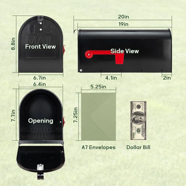 Alt view image 2 of 7 - Black Post Mount Galvanized Steel Mailbox 19x8.7x6.7in Heavy Duty Medium Capacity Standard Outdoor Mail Box