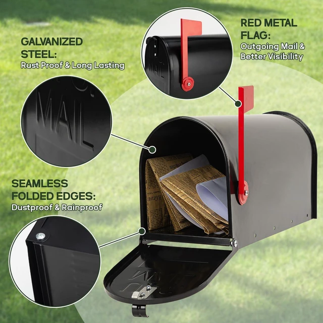 Alt view image 5 of 7 - Black Post Mount Galvanized Steel Mailbox 19x8.7x6.7in Heavy Duty Medium Capacity Standard Outdoor Mail Box