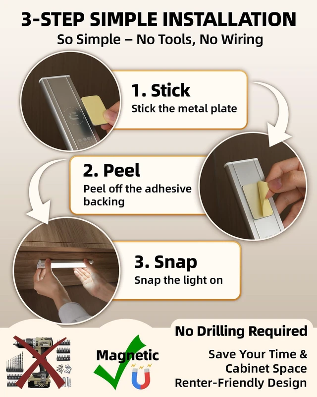 Alt view image 7 of 7 - 16inch Under Cabinet Lighting, 6Pack Rechargeable Motion Sensor Light Indoor, Magnetic Closet Lights with Dimmable & 3 Color Temps, Wireless Under Counter Lights for Kitchen, Stairs