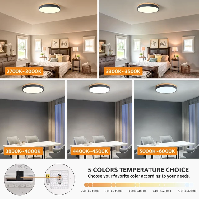 Alt view image 3 of 7 - Dimmable Wood LED Flush Mount Ceiling Light, Grey, 15.8 in 5CCT 2700K-6000K Modern Close to Ceiling Lighting Fixtures, Round Ceiling Lamp for Living Room, Bedroom, Laundry Room