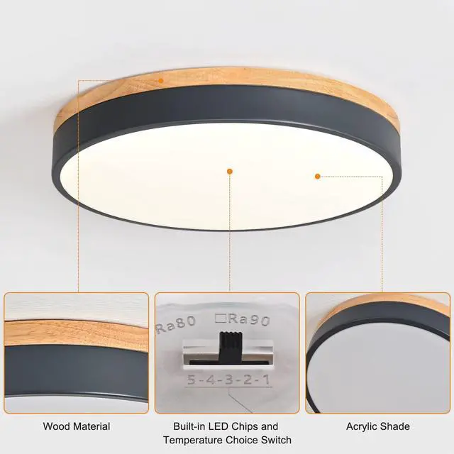 Alt view image 5 of 7 - Dimmable Wood LED Flush Mount Ceiling Light, Grey, 15.8 in 5CCT 2700K-6000K Modern Close to Ceiling Lighting Fixtures, Round Ceiling Lamp for Living Room, Bedroom, Laundry Room