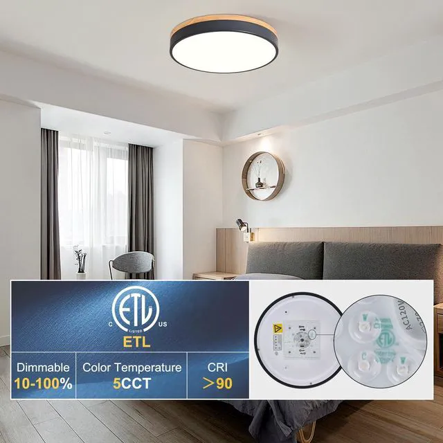 Alt view image 7 of 7 - Dimmable Wood LED Flush Mount Ceiling Light, Grey, 15.8 in 5CCT 2700K-6000K Modern Close to Ceiling Lighting Fixtures, Round Ceiling Lamp for Living Room, Bedroom, Laundry Room