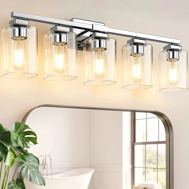 Main image of 31 Bathroom Light Fixtures, 5-Light Vanity Light Chrome Square Clear Glass & Durable Metal, Quick & Easy Installation, Standard E26 Socket, Bright Bathroom Lighting