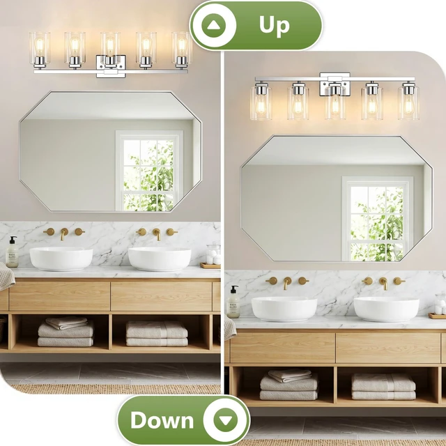 Alt view image 3 of 7 - 31 Bathroom Light Fixtures, 5-Light Vanity Light Chrome Square Clear Glass & Durable Metal, Quick & Easy Installation, Standard E26 Socket, Bright Bathroom Lighting