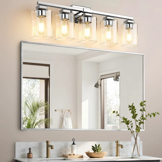 Alt view image 7 of 7 - 31 Bathroom Light Fixtures, 5-Light Vanity Light Chrome Square Clear Glass & Durable Metal, Quick & Easy Installation, Standard E26 Socket, Bright Bathroom Lighting