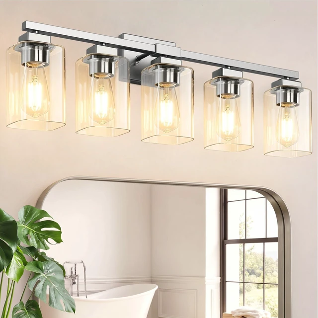 Main image of 31 Bathroom Light Fixtures, 5-Light Vanity Light Brushed Nickel Square Clear Glass & Durable Metal, Quick & Easy Installation, Standard E26 Socket, Bright Bathroom Lighting