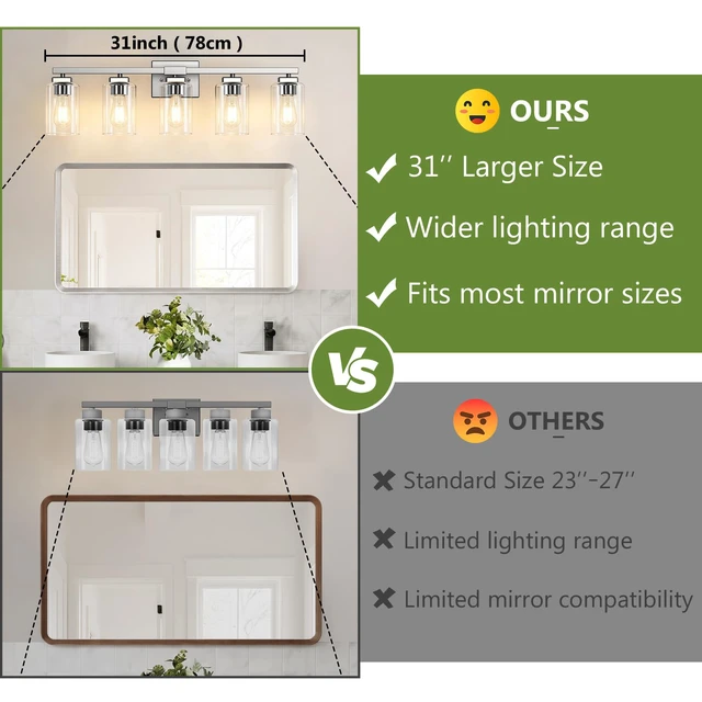 Alt view image 2 of 7 - 31 Bathroom Light Fixtures, 5-Light Vanity Light Brushed Nickel Square Clear Glass & Durable Metal, Quick & Easy Installation, Standard E26 Socket, Bright Bathroom Lighting
