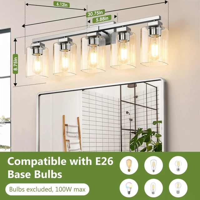 Alt view image 6 of 7 - 31 Bathroom Light Fixtures, 5-Light Vanity Light Brushed Nickel Square Clear Glass & Durable Metal, Quick & Easy Installation, Standard E26 Socket, Bright Bathroom Lighting