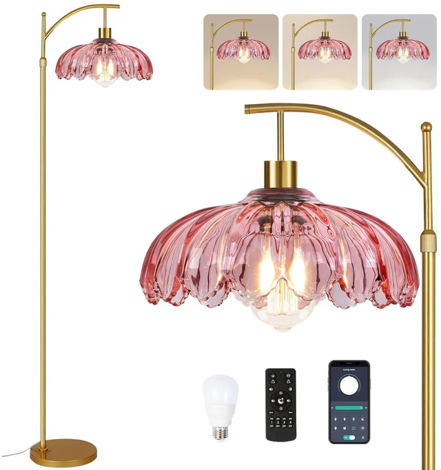 Main image of Floor Lamp for Living Room,Bedroom,Gold Dimmable Standing Lamp with Remote,Mid Century Modern Brass Tall Lamp Retro Vintage Pink Glass Lamp Floor Light Boho Bohemian