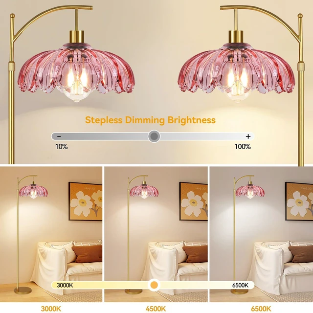 Alt view image 2 of 7 - Floor Lamp for Living Room,Bedroom,Gold Dimmable Standing Lamp with Remote,Mid Century Modern Brass Tall Lamp Retro Vintage Pink Glass Lamp Floor Light Boho Bohemian