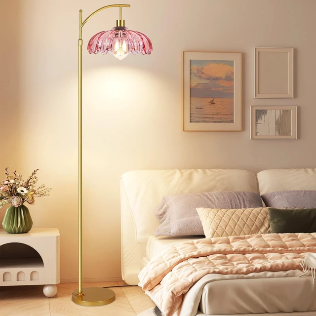 Alt view image 7 of 7 - Pink Floor Lamp for Living Room,Bedroom,Gold Dimmable Standing Lamp with Remote,Mid Century Modern Brass Tall Lamp Boho Floor Lamps Arc Stained Glass Flower Floor Light Lamp Girls kids Bohemian